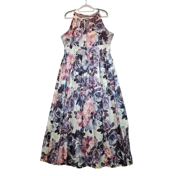 R& M Richards Floral Womens 16 Maxi Dress Full Skirt Iridescent Threads Elegant - Picture 1 of 16